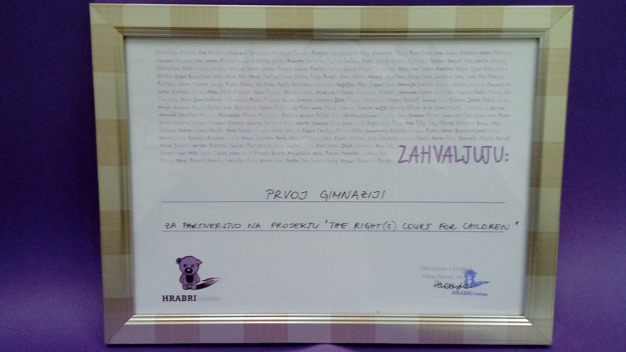I. gimnaziji dodijeljena zahvalnica Hrabrog telefona