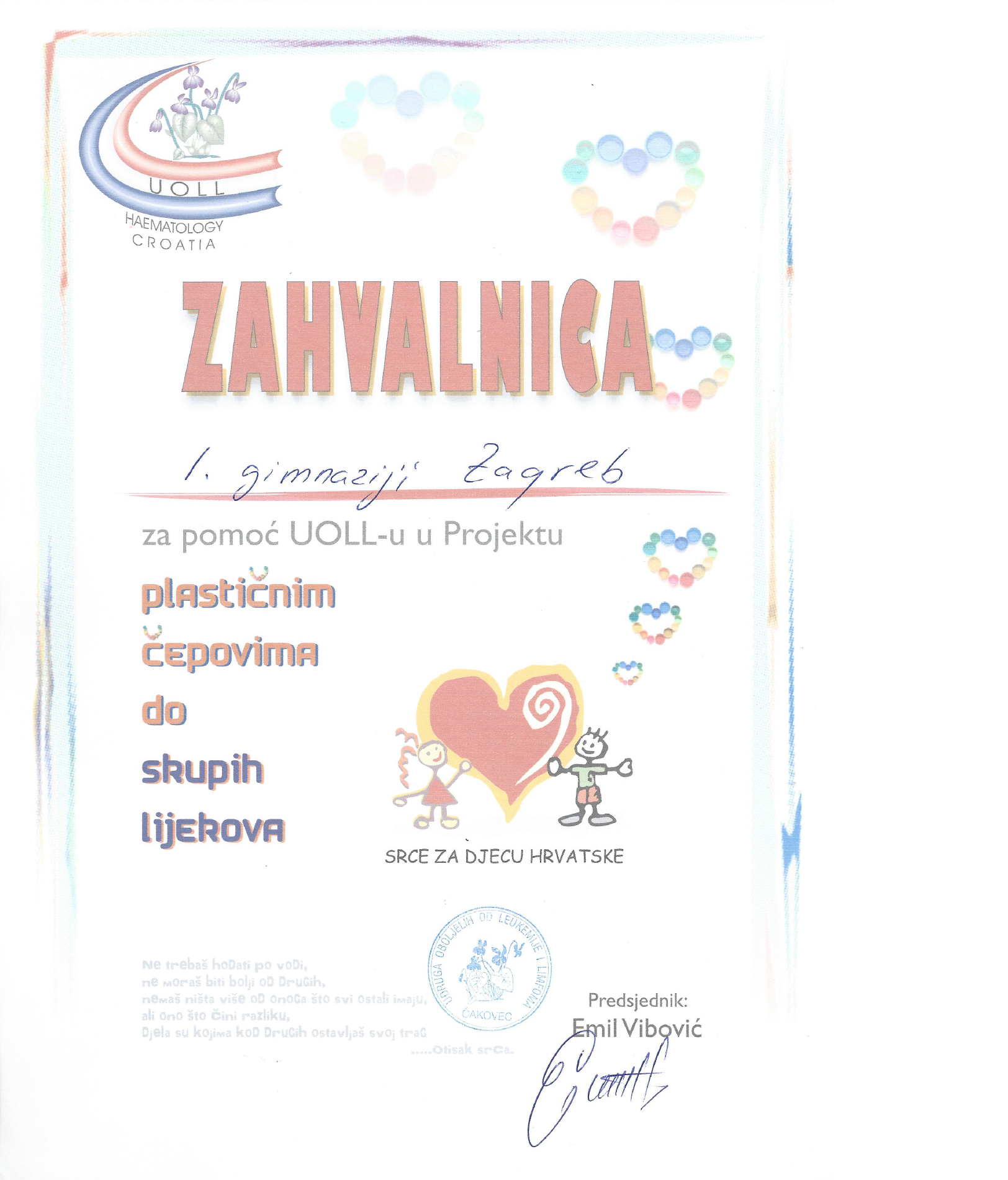 Zahvalnica Udruge oboljelih od leukemije i limfoma