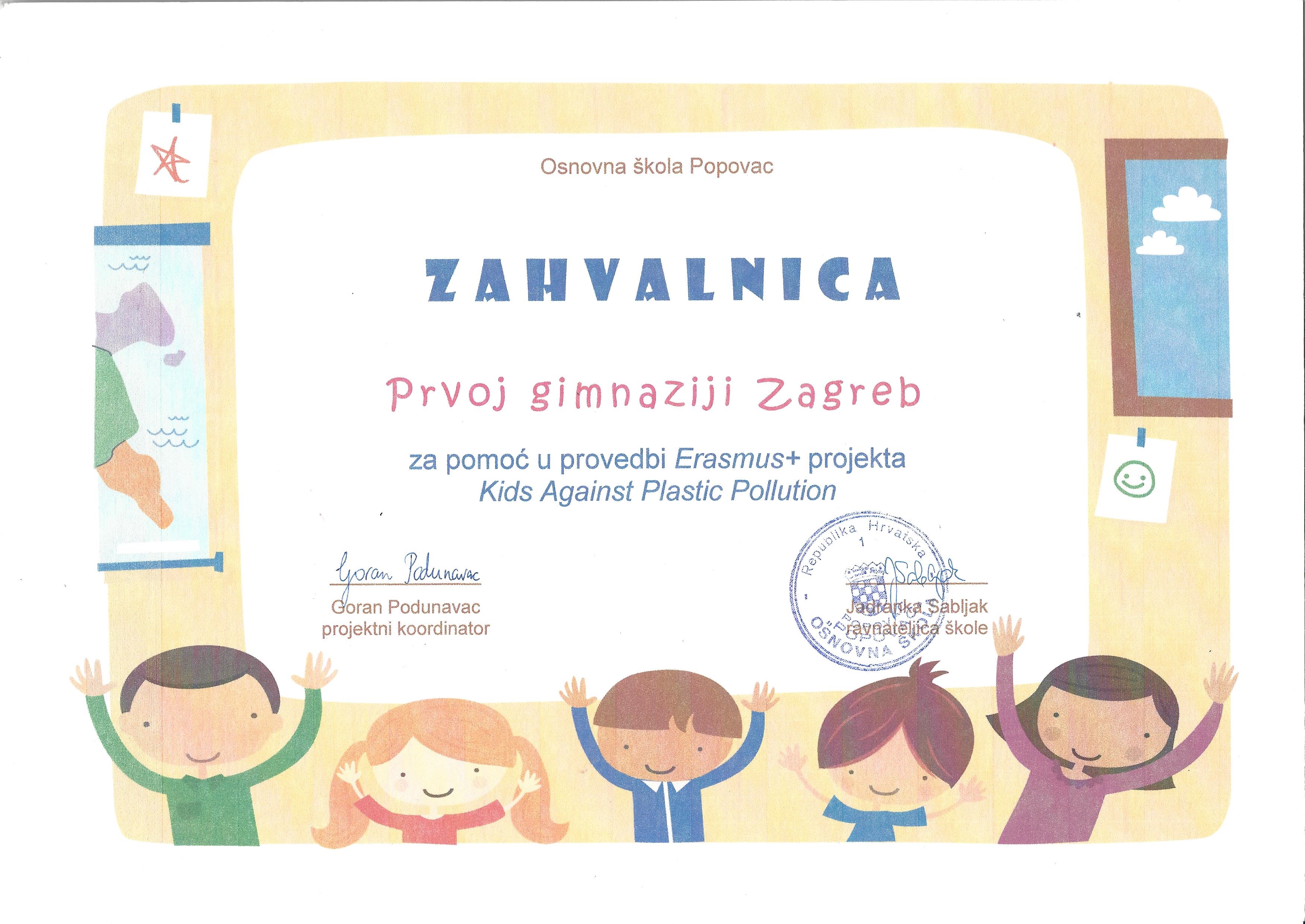 Zahvalnica za pomoć u provedbi projekta Kids Against Plastic Pollution