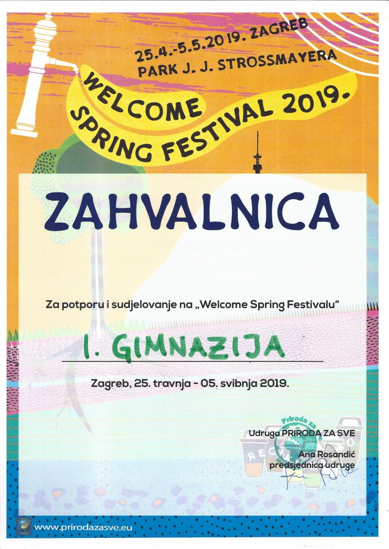Zahvalnica I. gimnaziji Udruge Priroda za sve