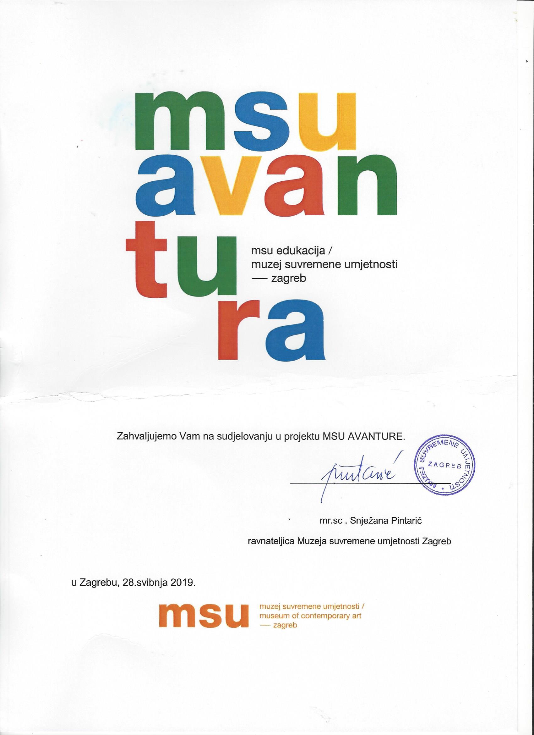 Potvrda o sudjelovanju u projektu MSU AVANTURA