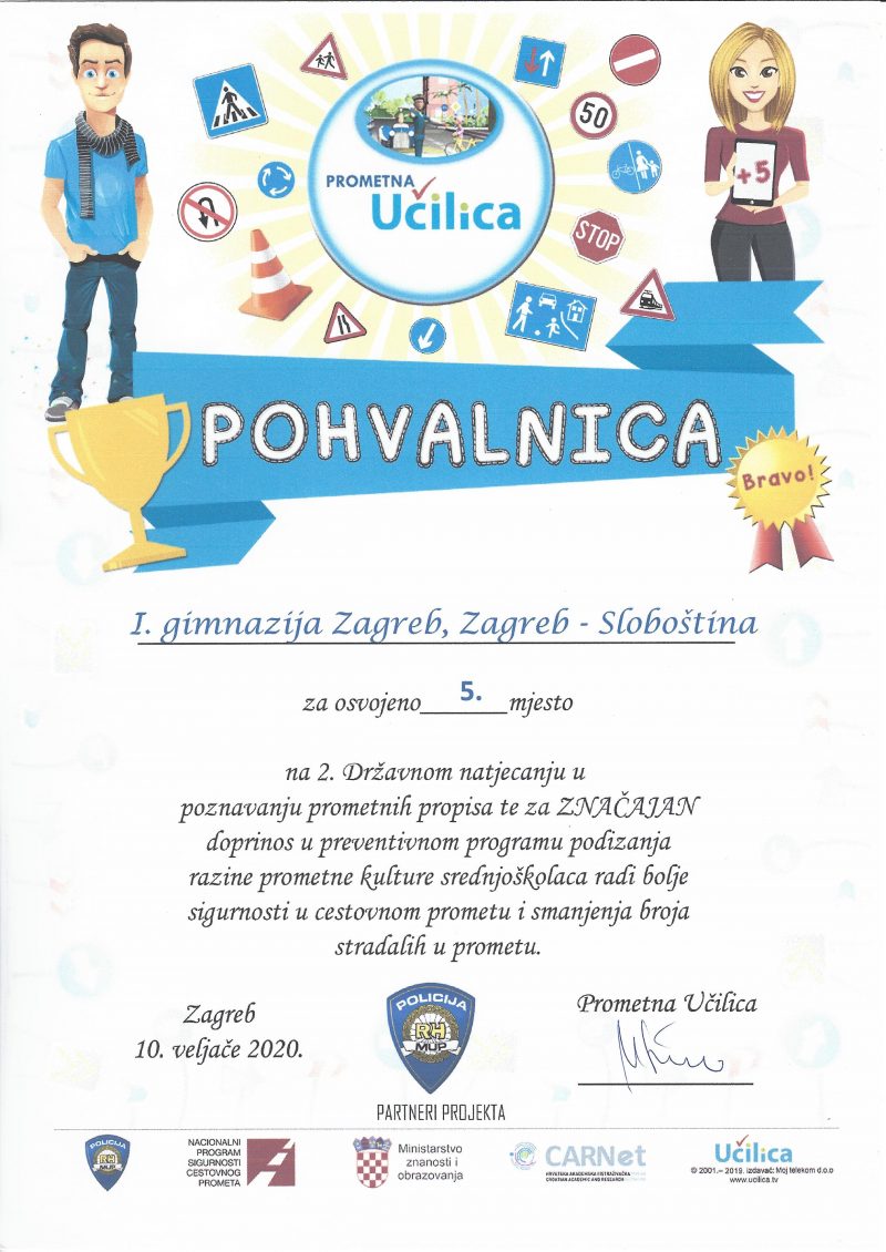 Pohvalnica Prometne učilice za sudjelovanje i osvojeno 5. mjesto u 2. državnom Natjecanju srednjoškolaca u poznavanju prometnih propisa!