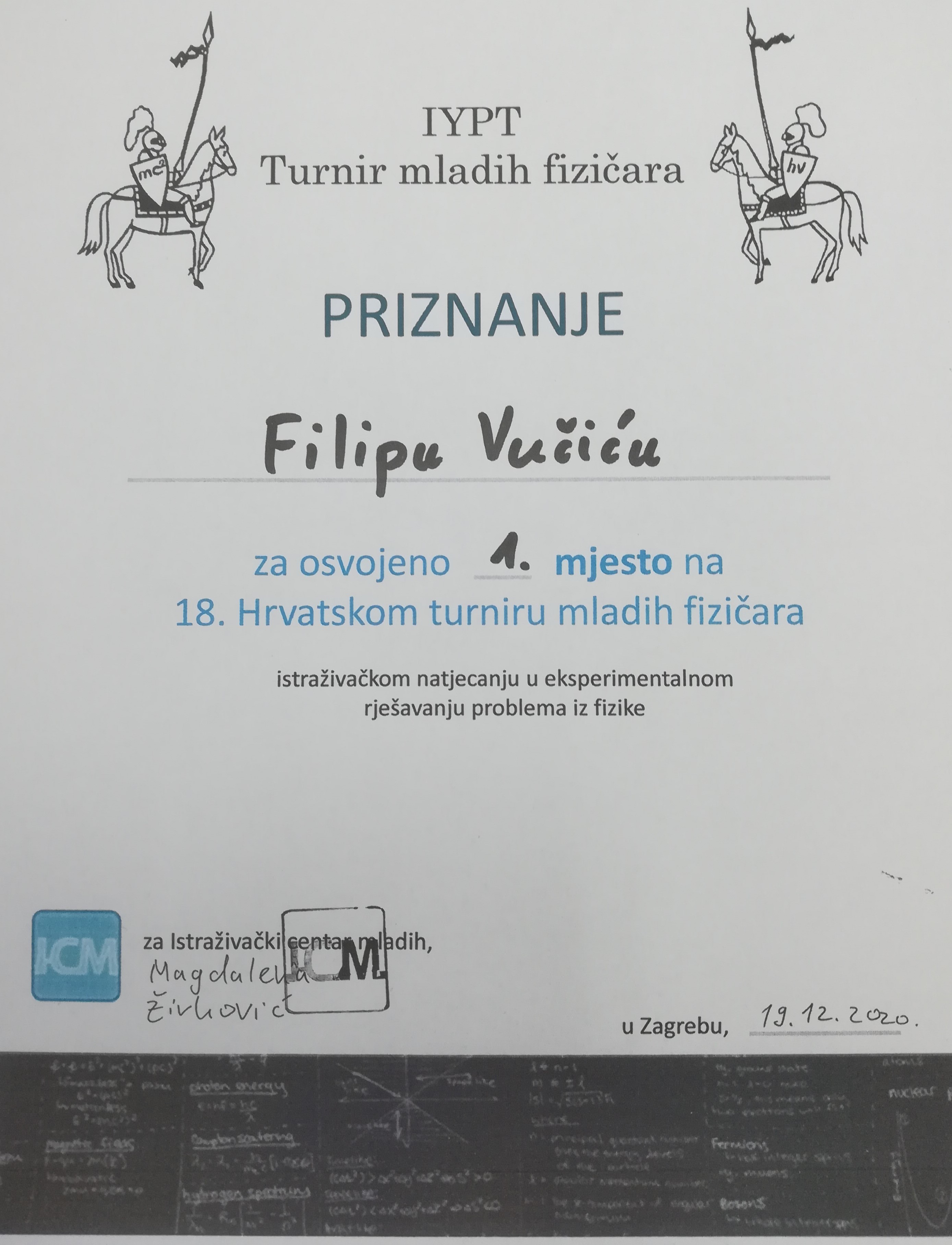 Naš učenik Filip Vučić osvojio 1. mjesto na 18. Hrvatskom turniru mladih fizičara