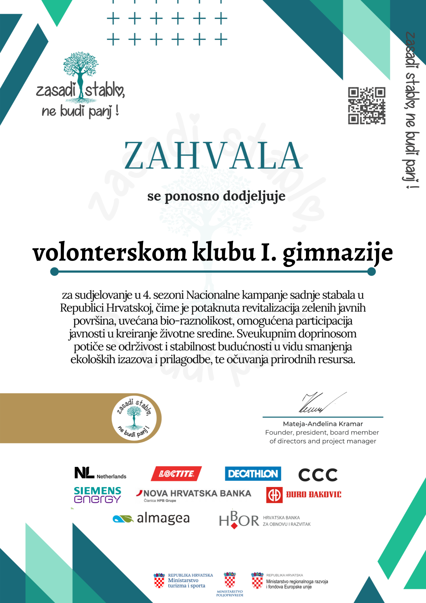 Zahvala “Zasadi stablo. ne budi panj!” I. gimnaziji