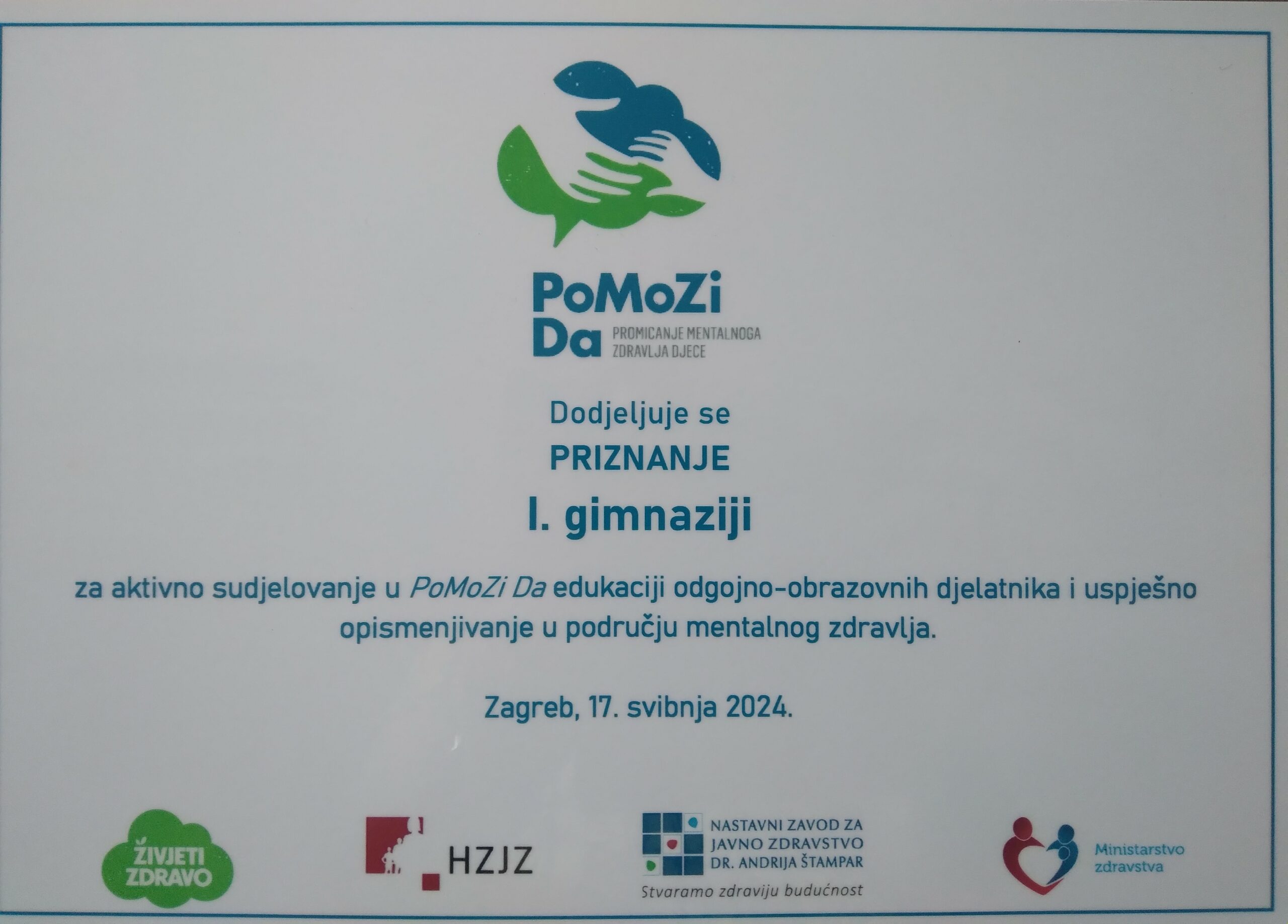 Priznanje I. gimnaziji za uspješno sudjelovanje u “PoMoZi Da” programu