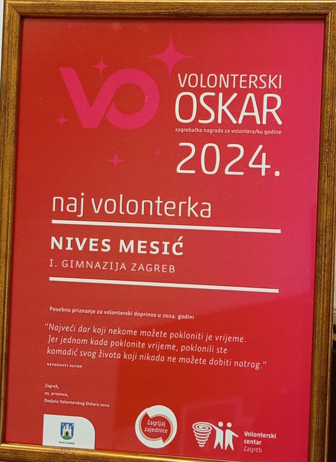 Naša volonterka Nives Mesić osvojila drugo mjesto prestižne nagrade Volonterski Oskar!