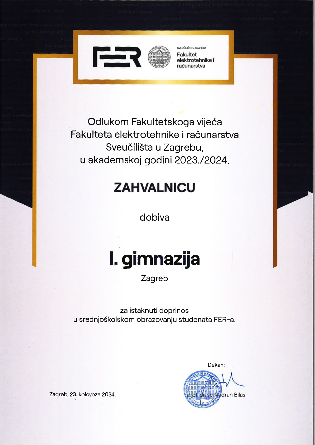 Zahvalnica FER-a I. gimnaziji dvadeset drugi put za redom!