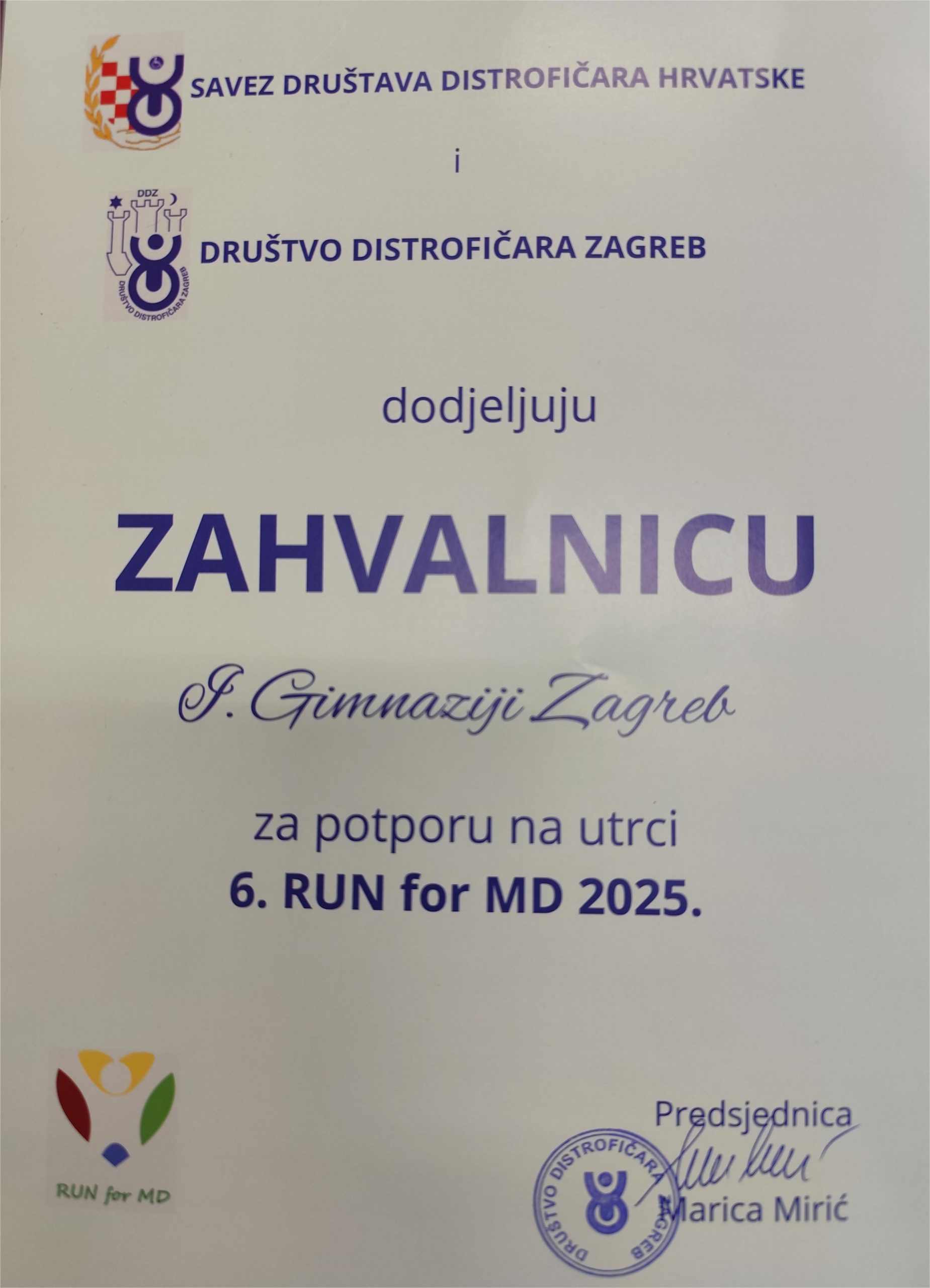 Zahvalnica I. gimnaziji za potporu u utrci 6. RUN FOR MD 2025
