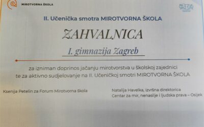 Zahvalnica I. gimnaziji za izniman doprinos jačanju mirotvorstva u školskoj zajednici, travanj 2026.
